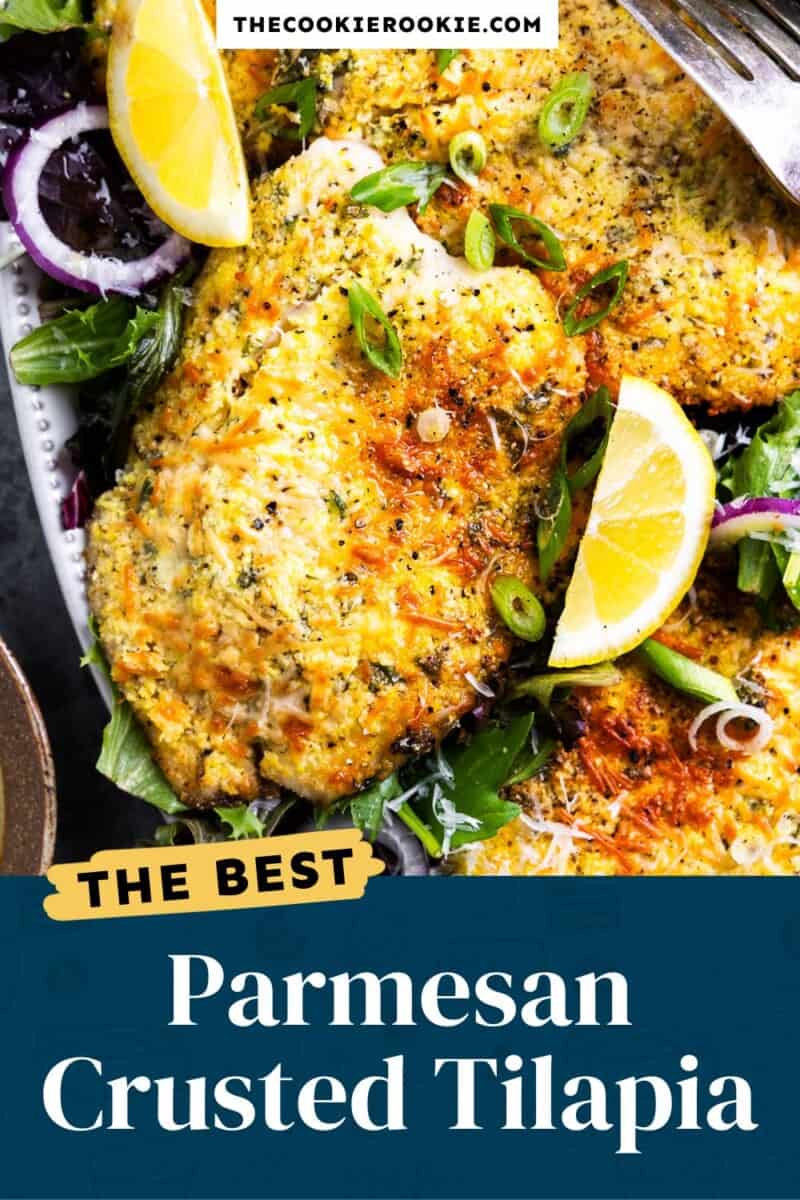 Parmesan crusted tilapia on a plate.