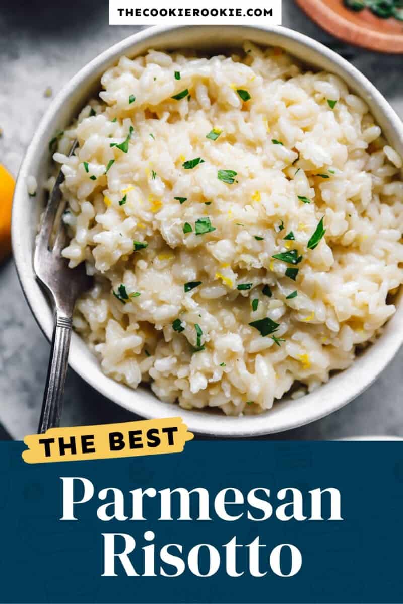 Parmesan risotto in a bowl with the text the best parmesan risotto.