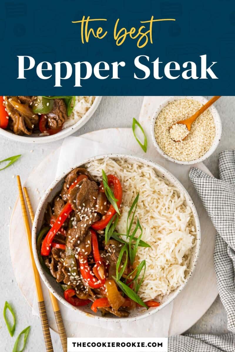 The best pepper steak with rice and sesame seeds.