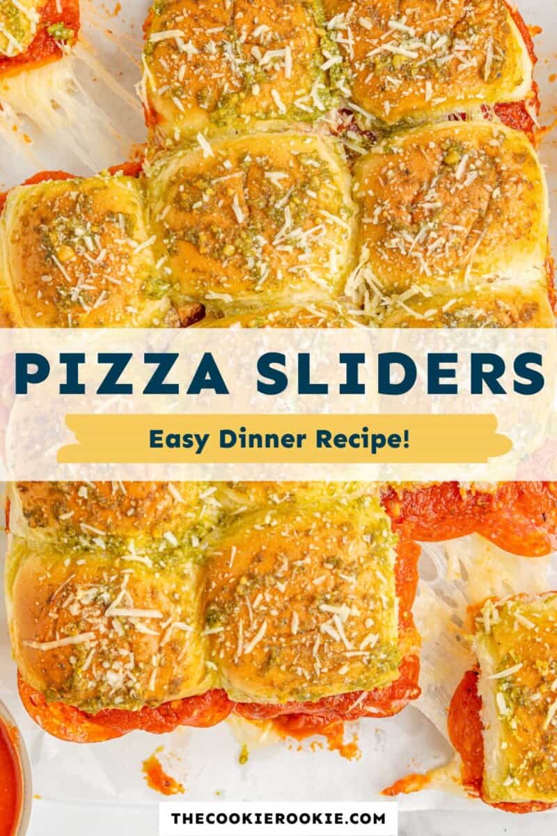 Pizza sliders on a plate with the text pizza sliders easy dinner recipe.