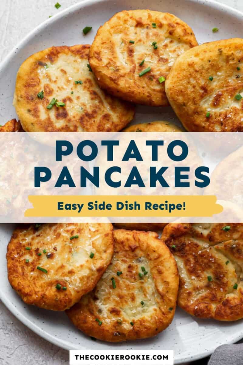 Potato pancakes on a plate with the text potato pancakes easy side dish recipe.