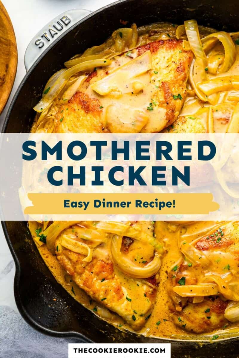 Smothered chicken easy dinner recipe in a skillet.
