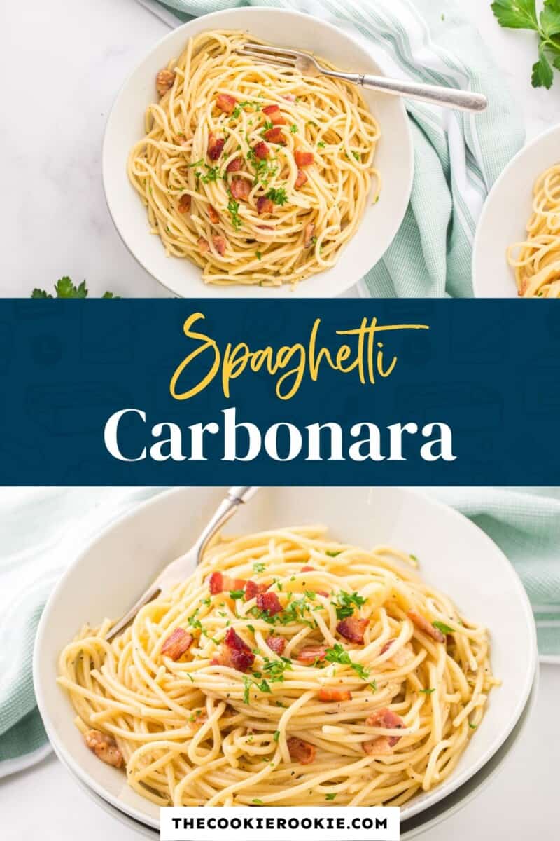 Spaghetti carbonara on a white plate.
