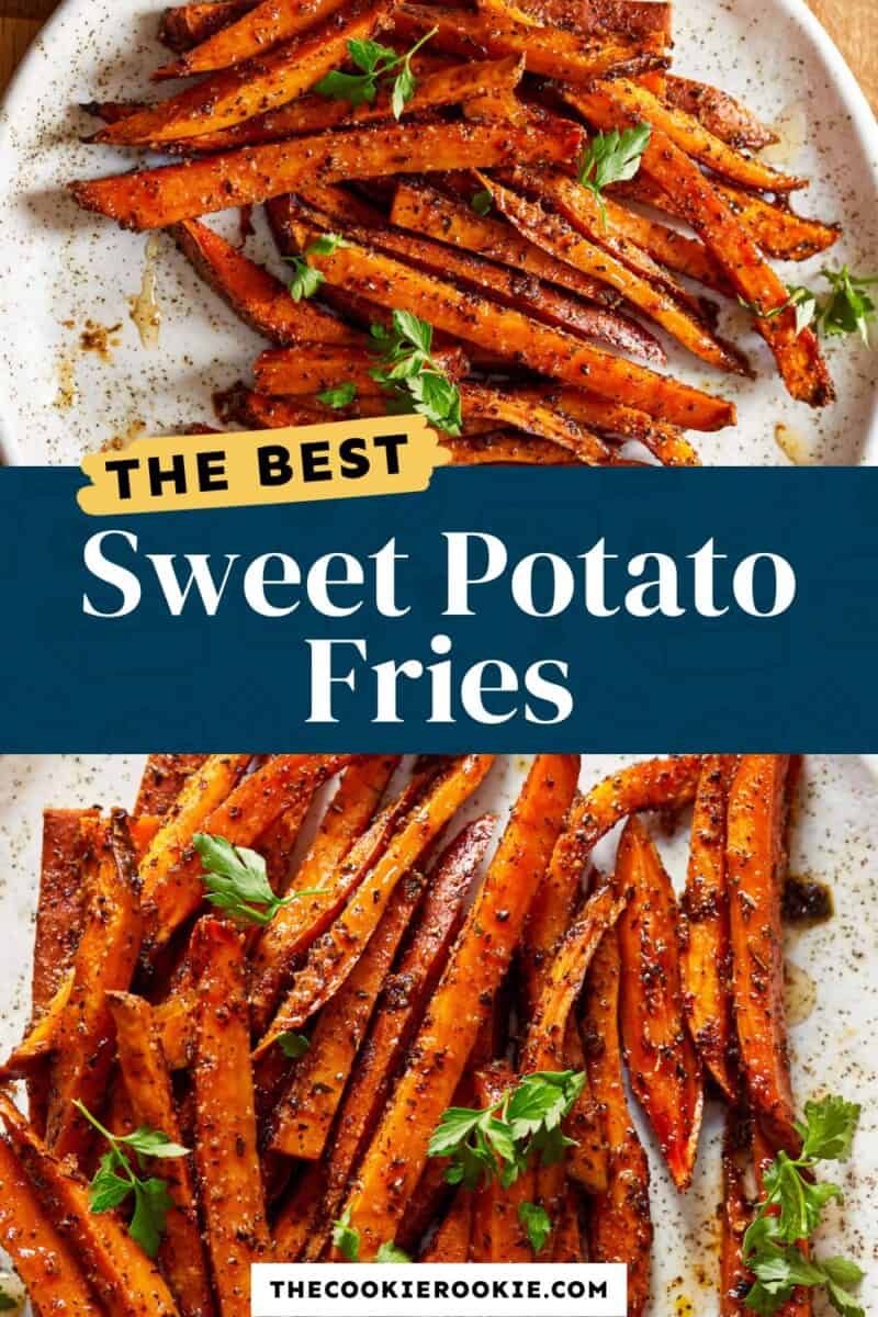 Sweet potato fries on a plate with the text the best sweet potato fries.