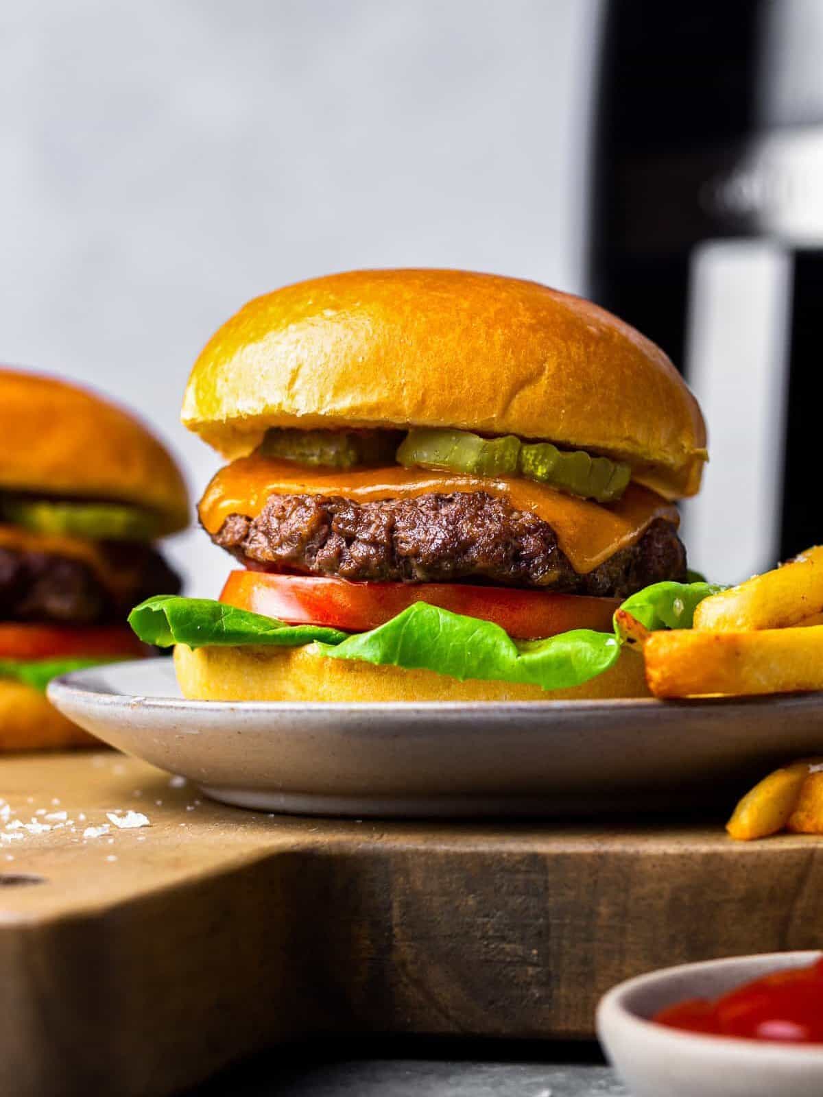 air fryer burger on a plate