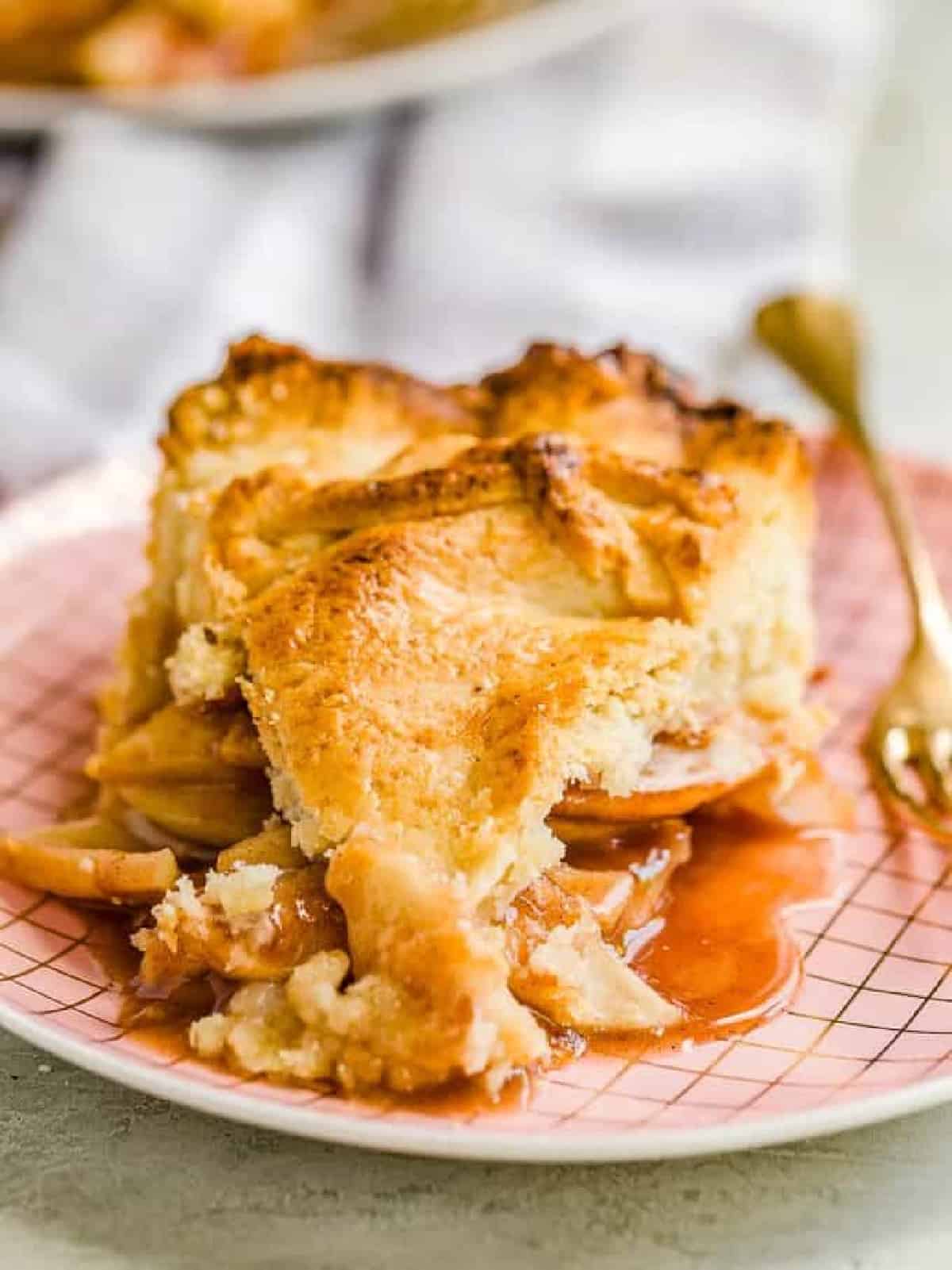 homemade apple pie on pink plate