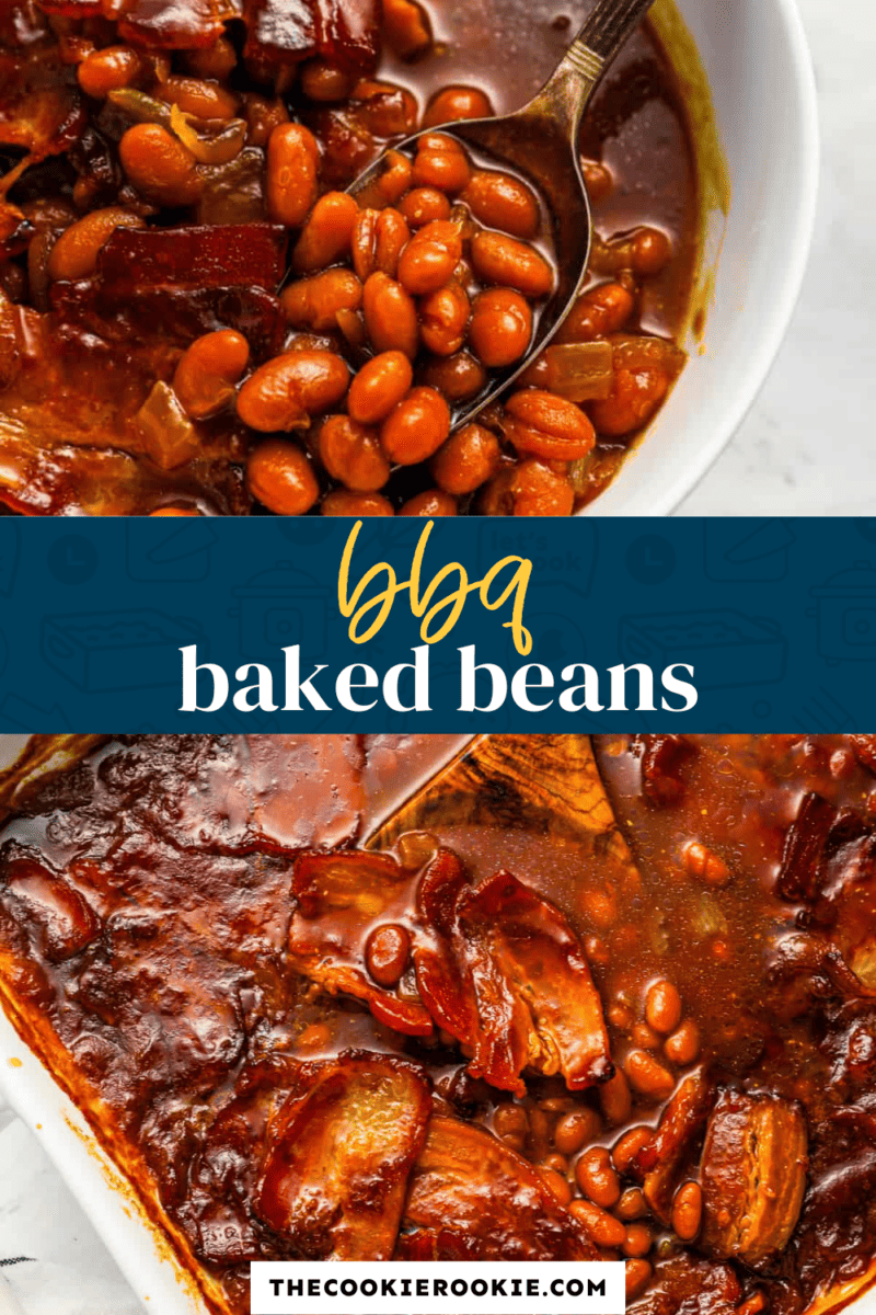BBQ baked beans in a white dish.