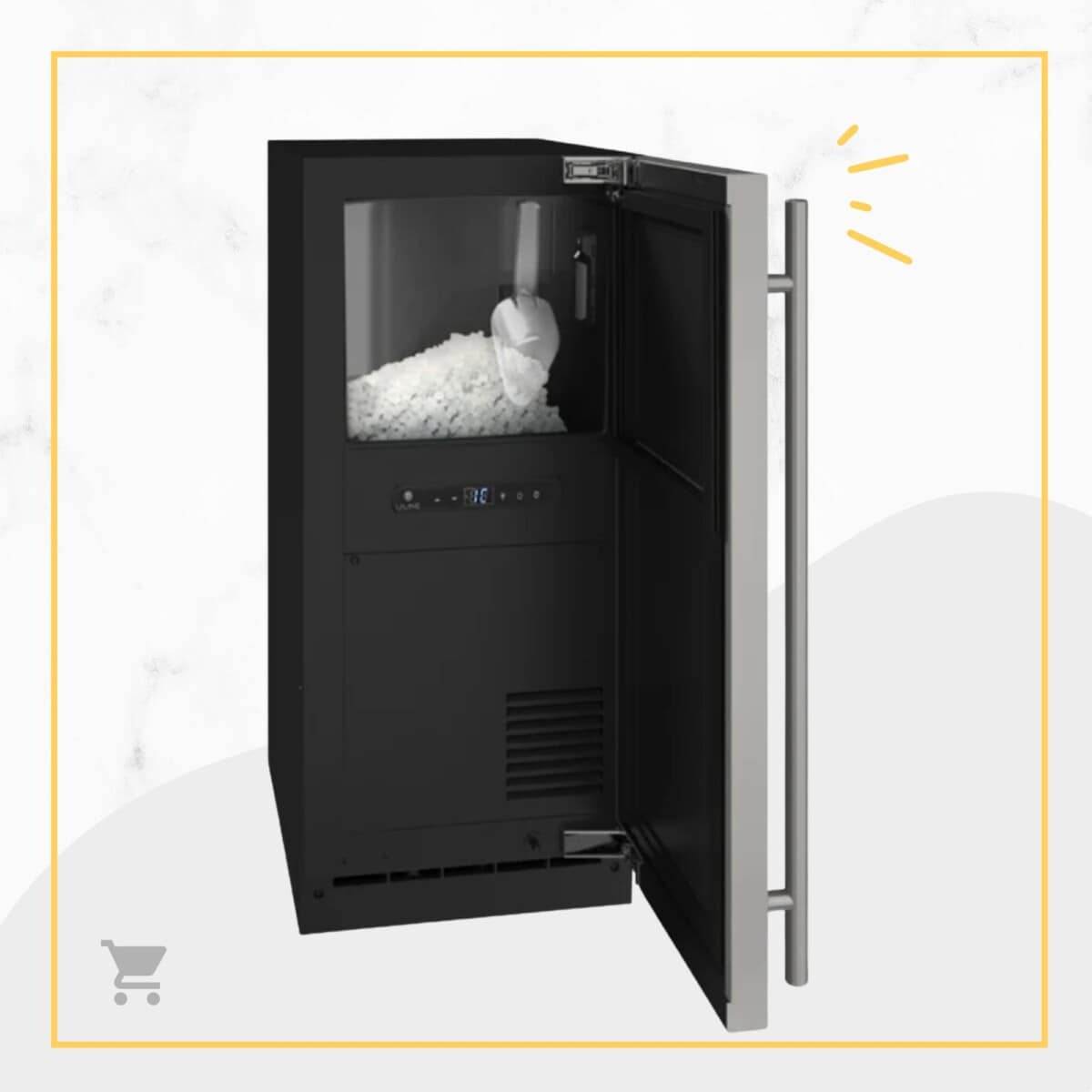 A black ice maker with a door open.