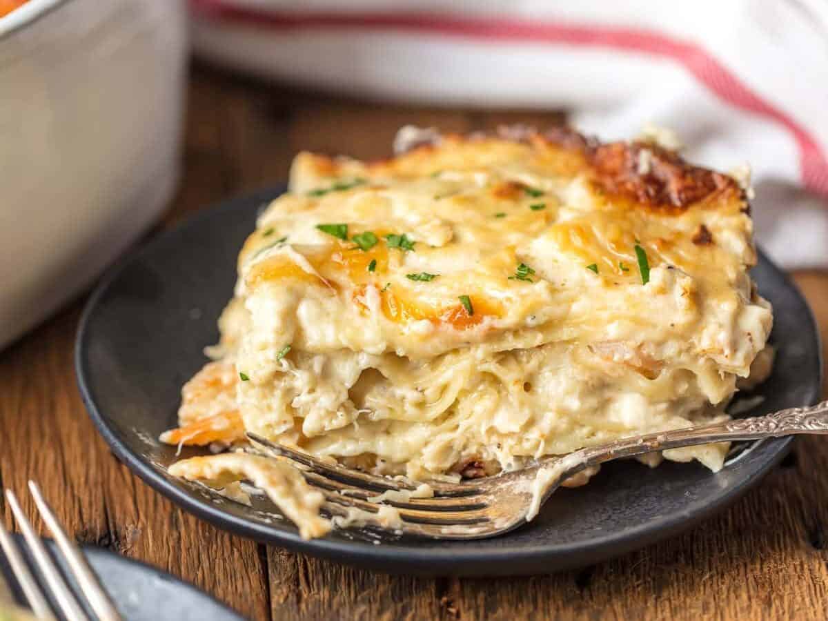 Piece of seafood lasagna on a plate