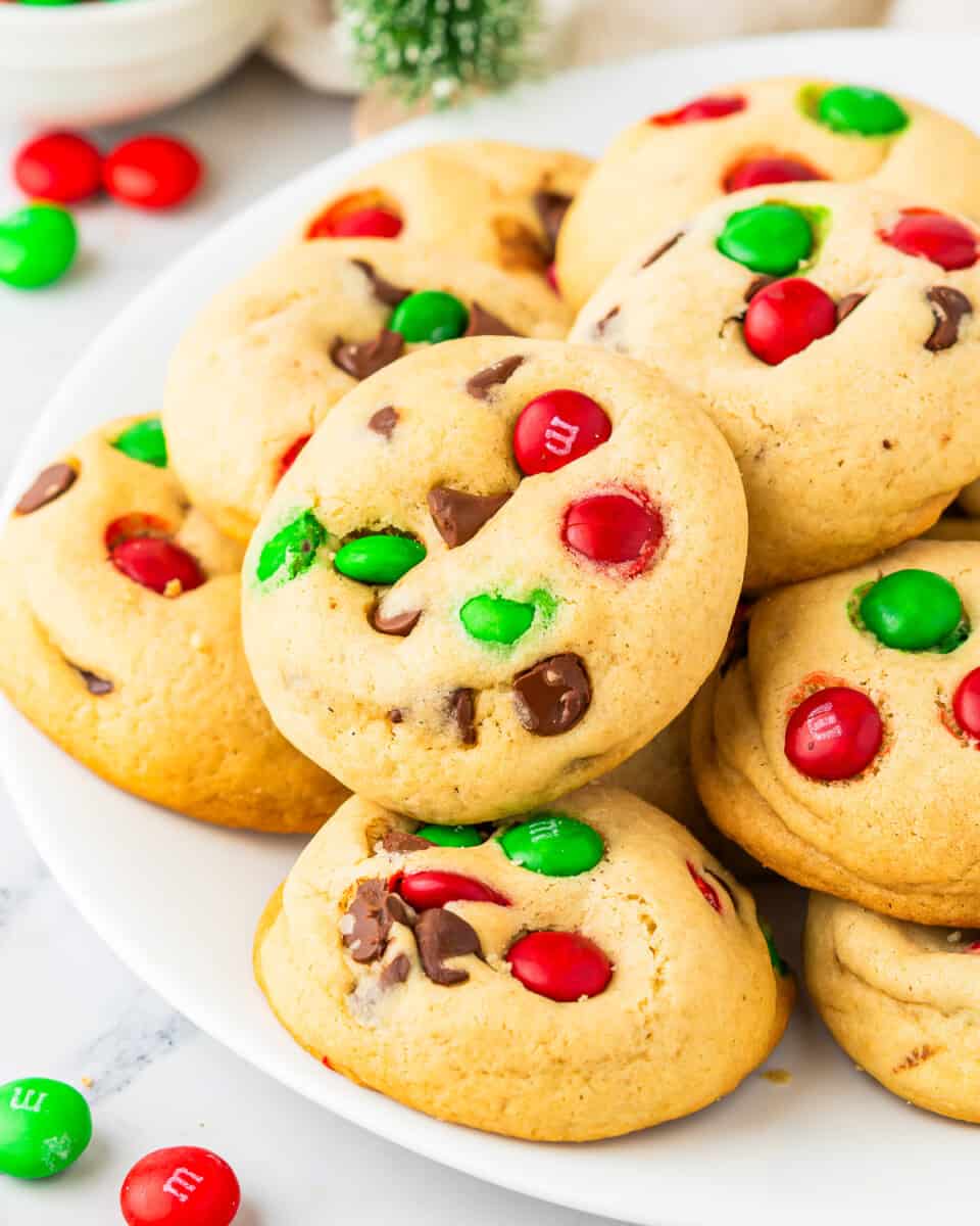 A plate of M&M Christmas cookies.