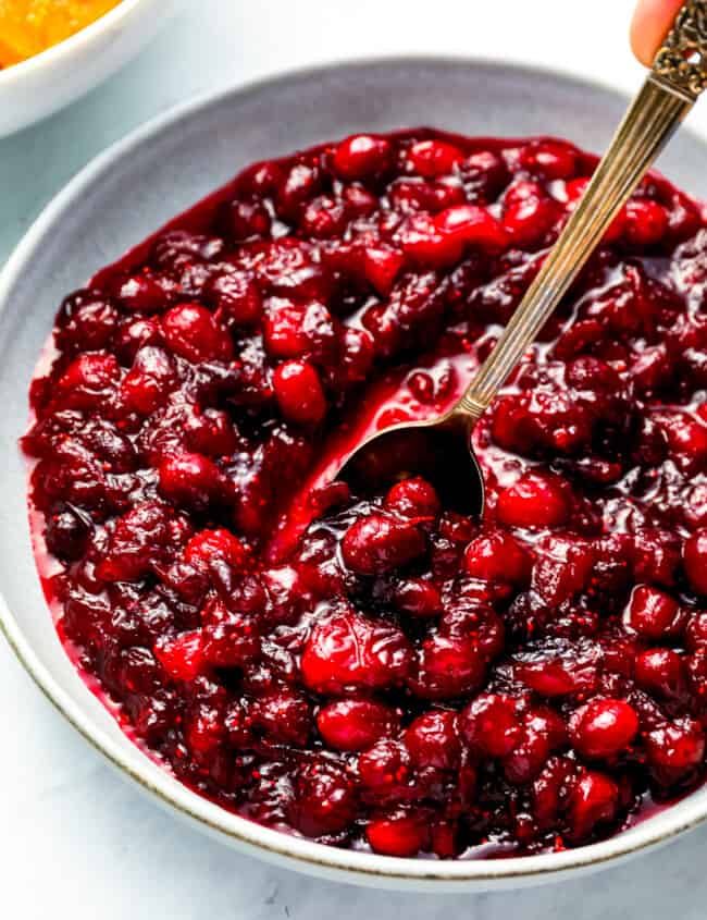A bowl of cranberry sauce with a spoon.