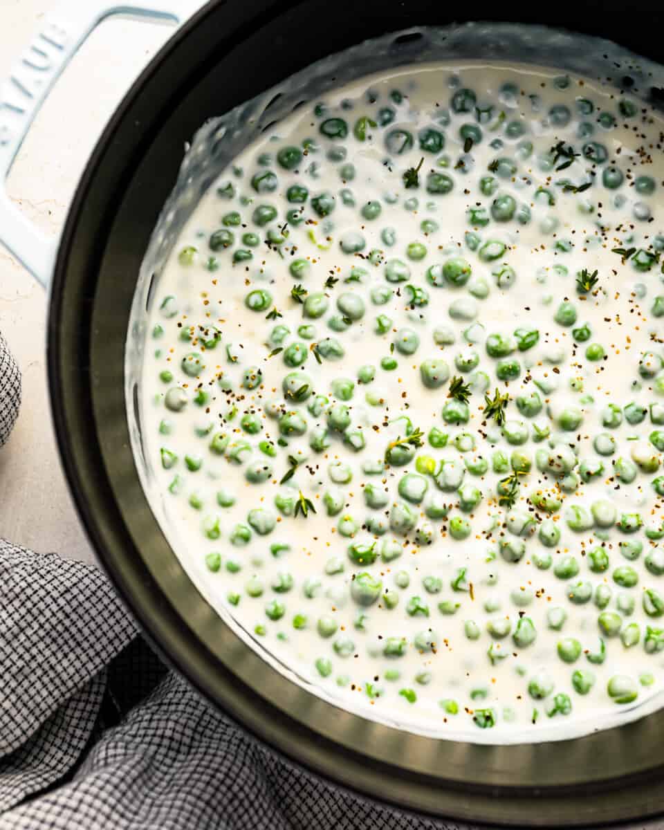 Creamed peas in a dutch oven.
