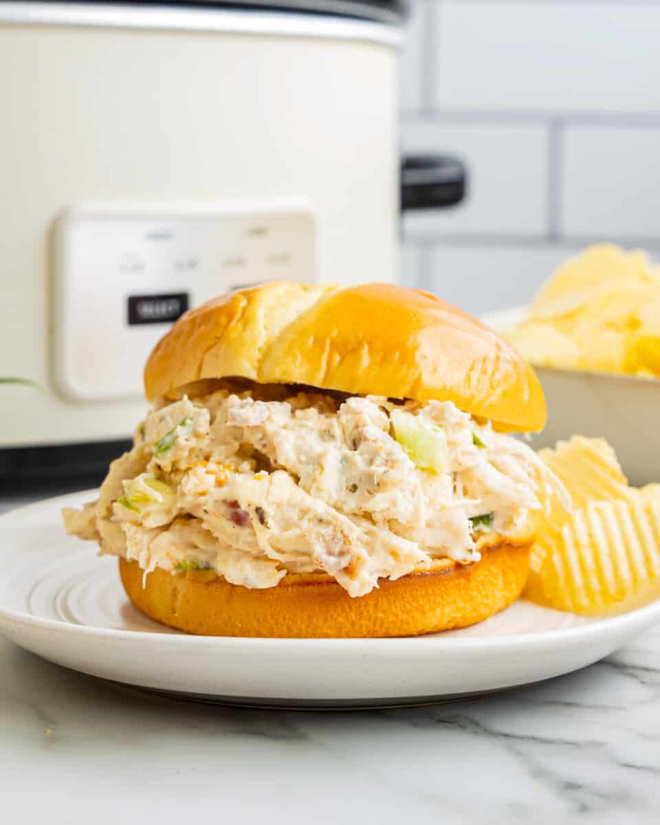 Creamy crack chicken on a sandwich, set in front of a slow cooker.