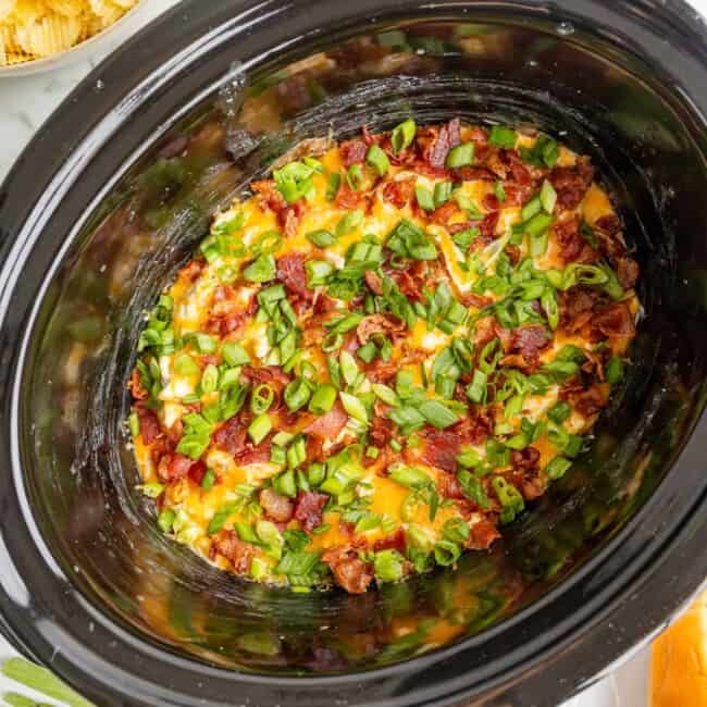 A crock pot filled with bacon and green onions.
