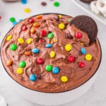 Chocolate oreo ice cream in a white bowl.