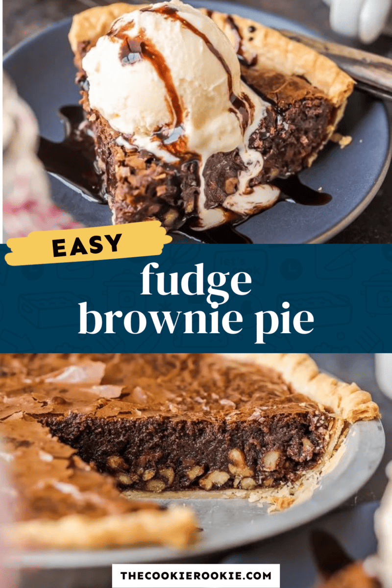 Easy fudge brownie pie with ice cream and whipped cream.