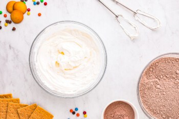 A bowl of whipped cream, a bowl of chocolate chips, and a bowl of graham crackers.