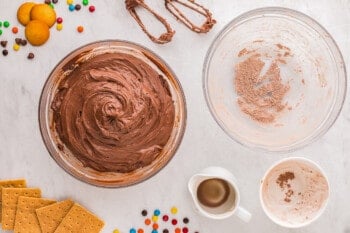 A bowl of chocolate icing with crackers and chocolate chips.