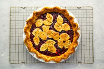 A blackberry pie on a cooling rack.