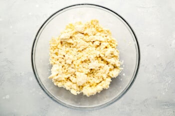 A bowl full of shredded chicken in a gray background.