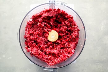 Red meat in a food processor.