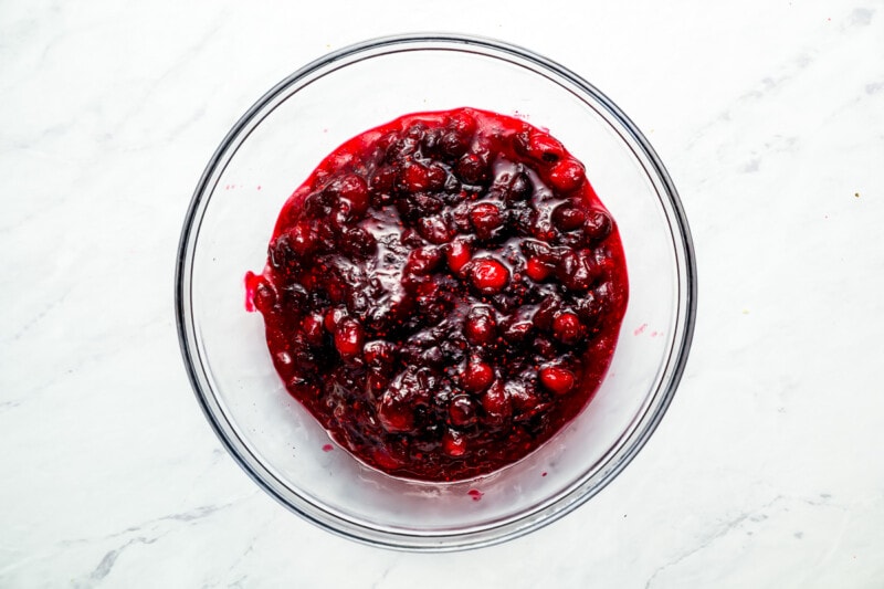 Cranberry sauce in a glass bowl.