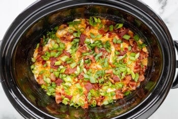 A crock pot filled with bacon and green onions.