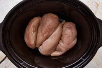 Chicken breasts in a slow cooker on a white background.