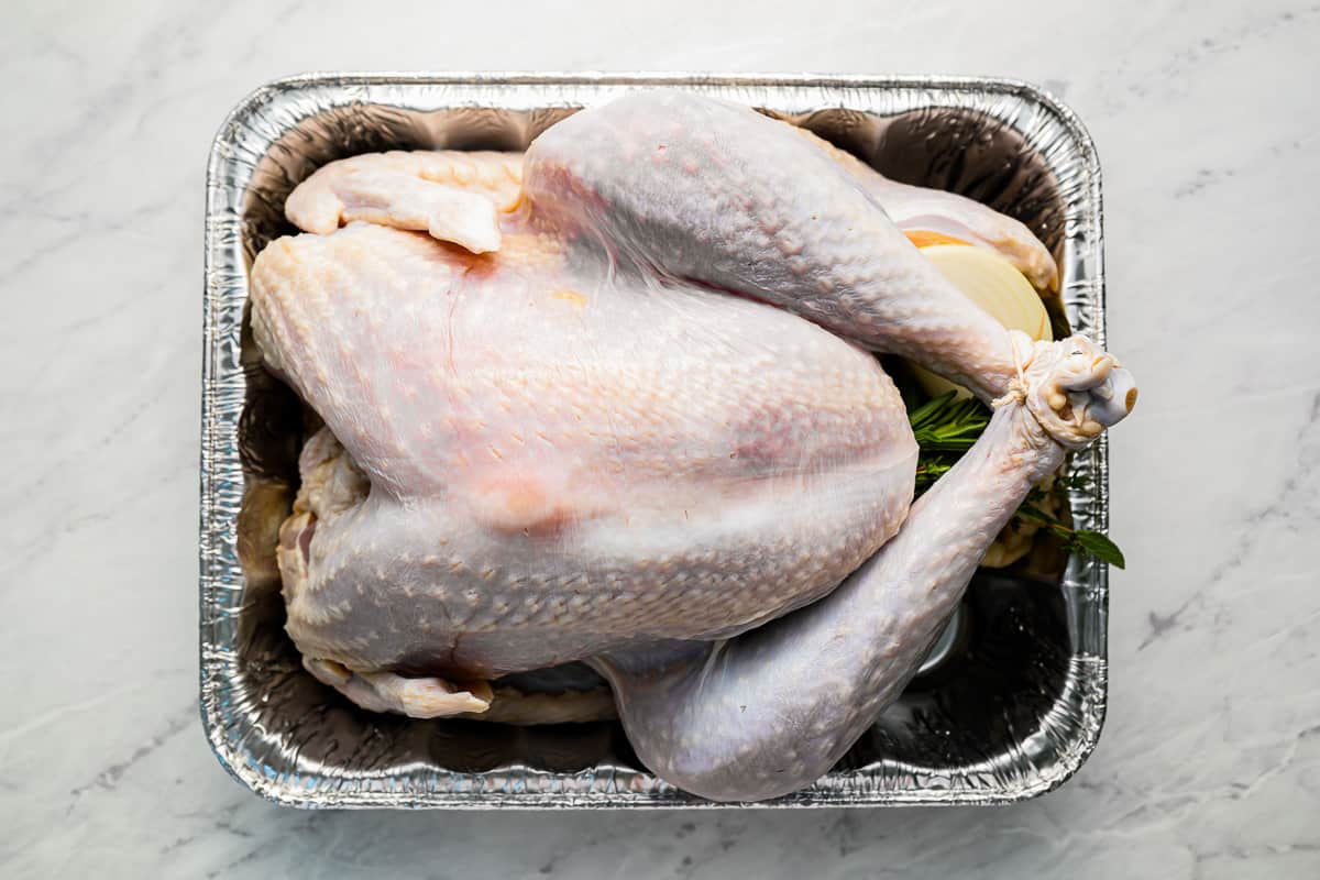 A defrosted turkey is sitting in a tray on a marble surface.