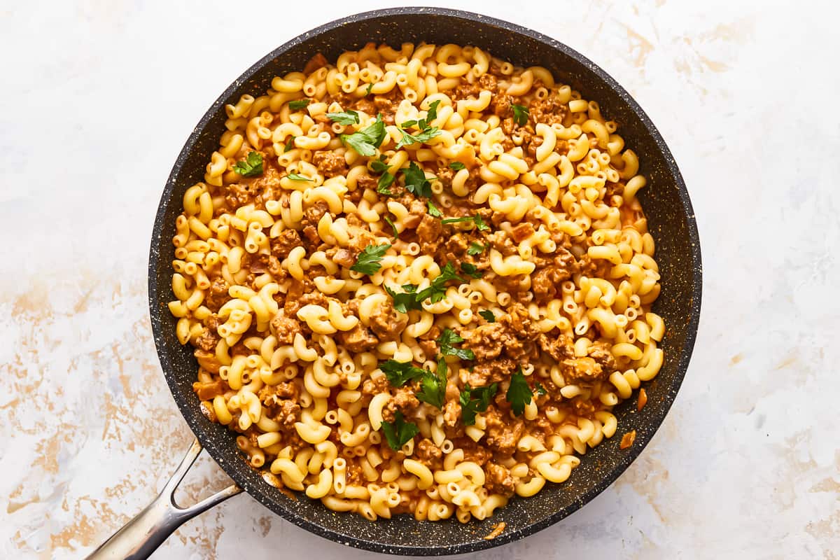 cheeseburger helper in a skillet.