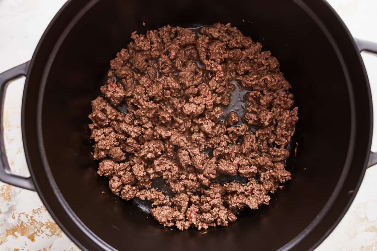 A black skillet filled with ground beef.