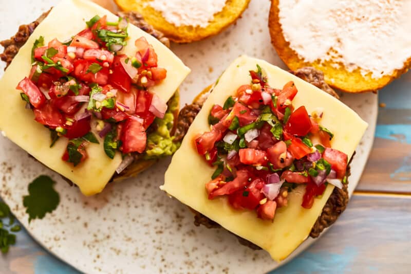 Two burgers on a plate with tomatoes and cheese.