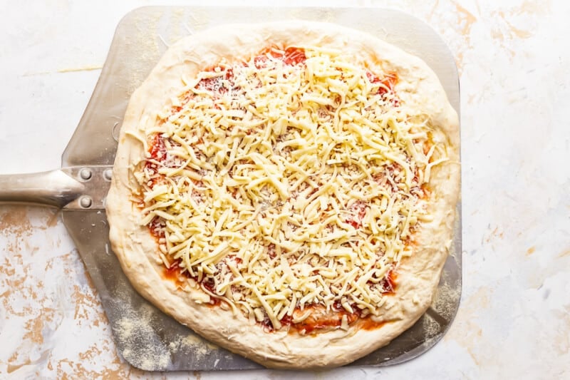 A pizza on a metal pan with cheese on it.