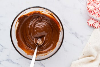 A bowl of chocolate sauce with a spoon and candy canes.