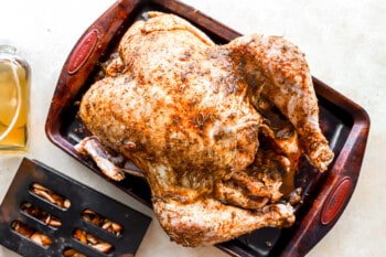 A roasted turkey sitting on a baking sheet.