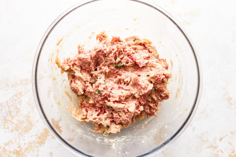 Meat mixture in a bowl on a white surface.