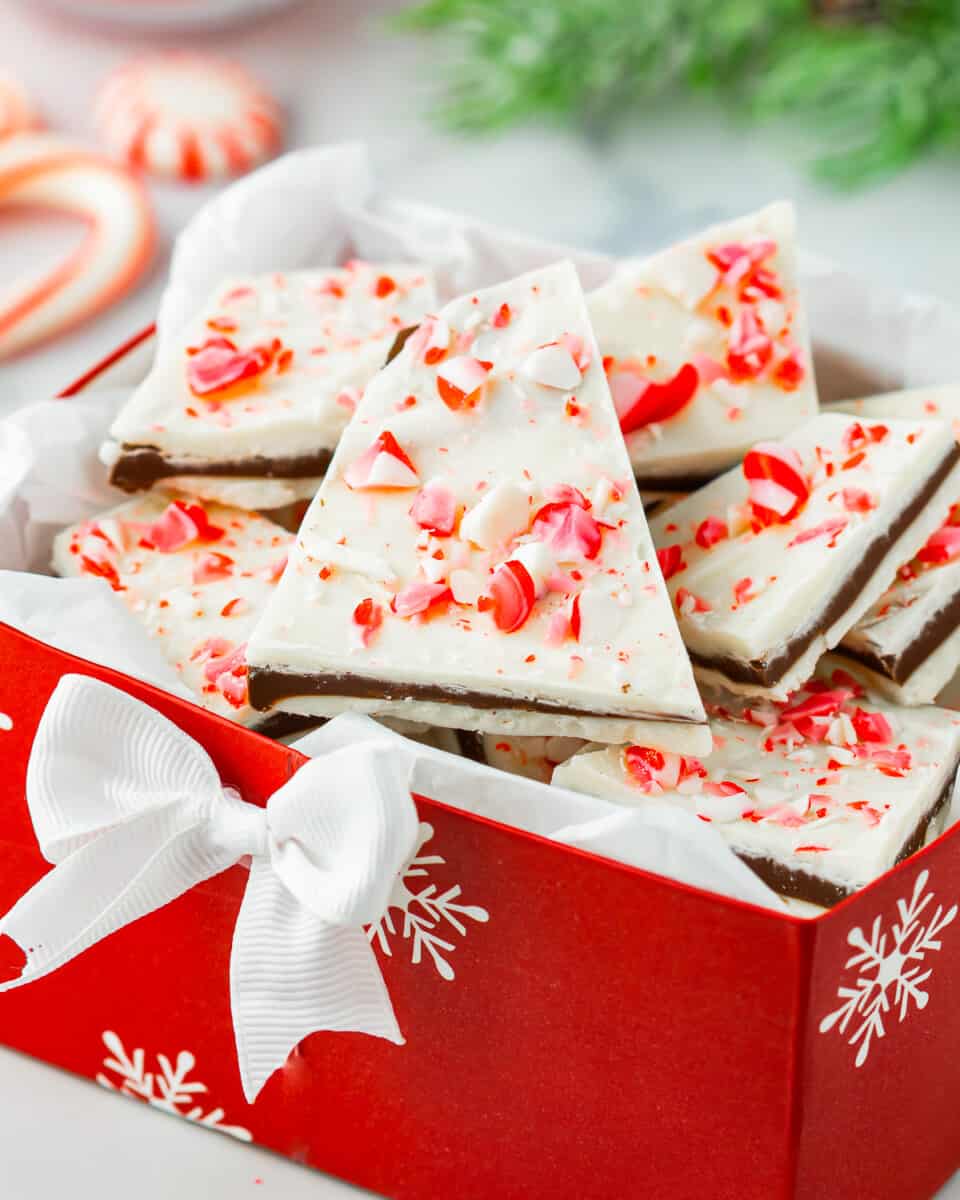 Chocolate peppermint bark in a red Christmas gift box with candy canes.