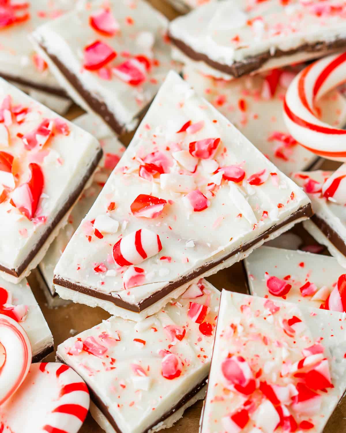 Peppermint bark with white chocolate and crushed candy canes.