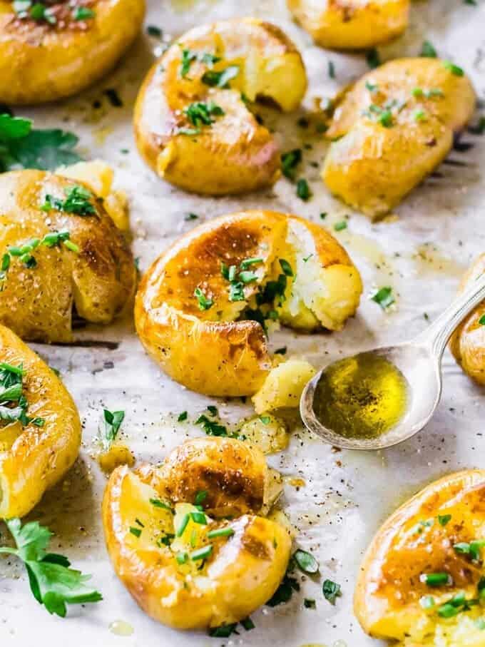 the perfect smashed potates on a baking sheet