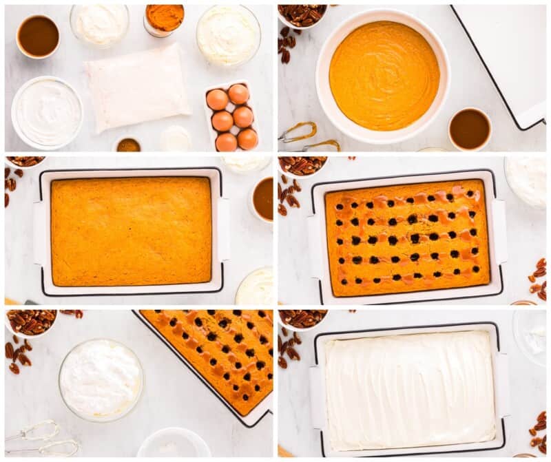 A collage of pictures showing how to make a pumpkin poke cake.