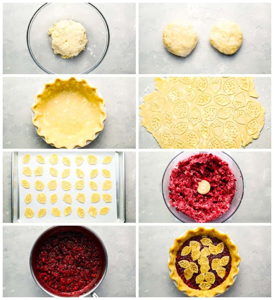 A series of photos showing how to make a cranberry pie.