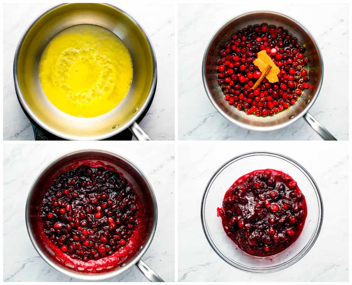 Four stages showing how to make cranberry sauce.