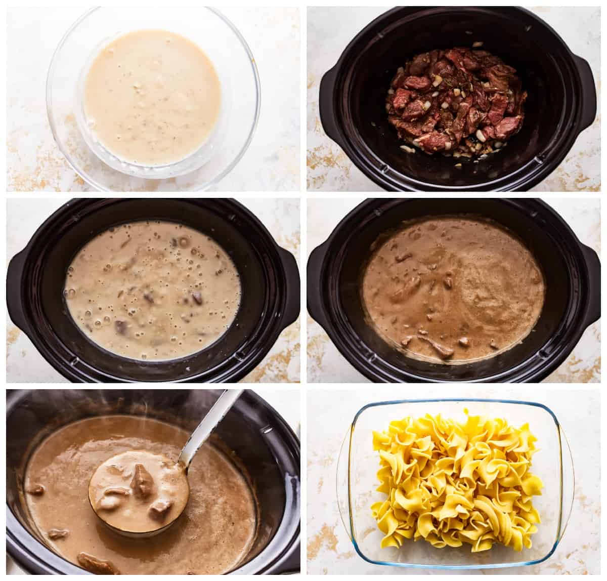 A series of photos showing how to make crockpot beef and noodles.