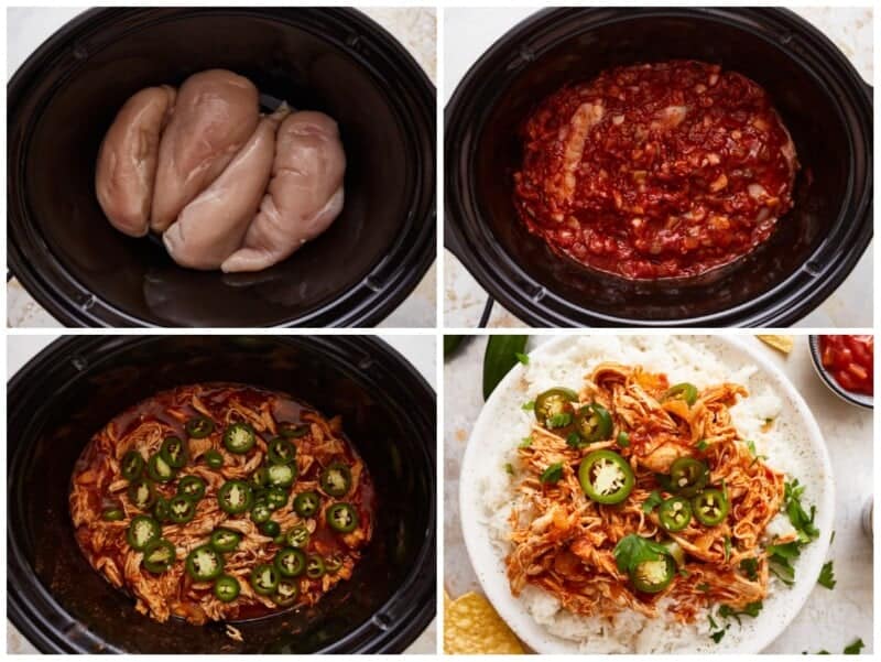 Four photos showing how to make mexican chicken in a slow cooker.
