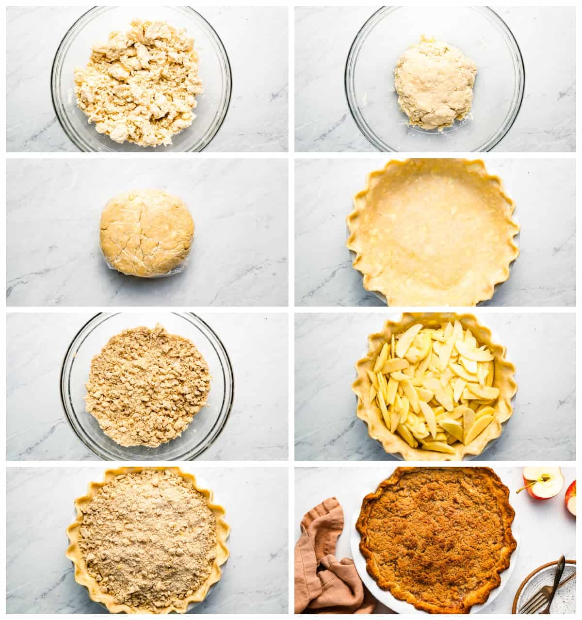 A series of photos showing the process of making a Dutch apple pie.