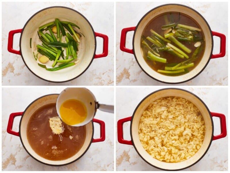 Four pictures showing the process of making a egg drop soup.