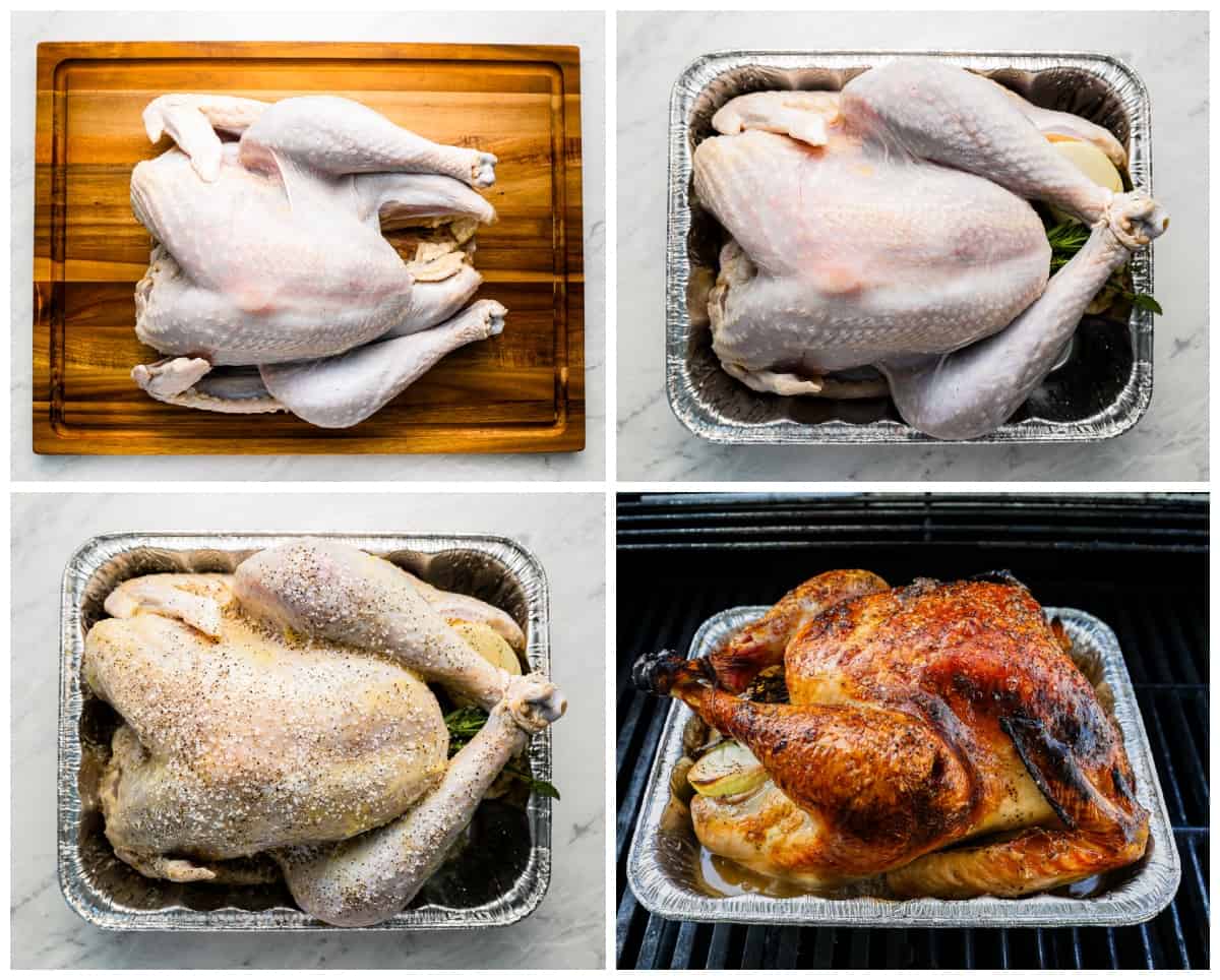 A series of photos showing how to grill a turkey.