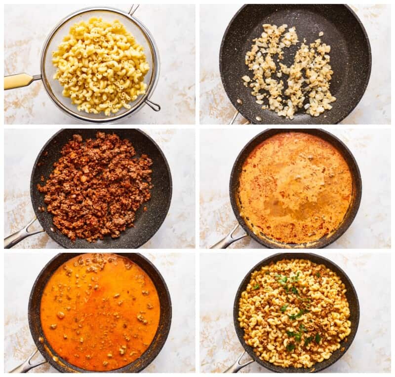 A series of photos showing the process of making hamburger helper in a skillet.