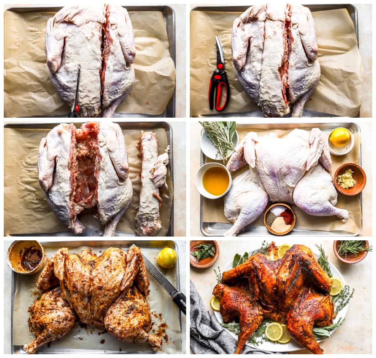 A series of photos showing how to spatchcock a turkey.