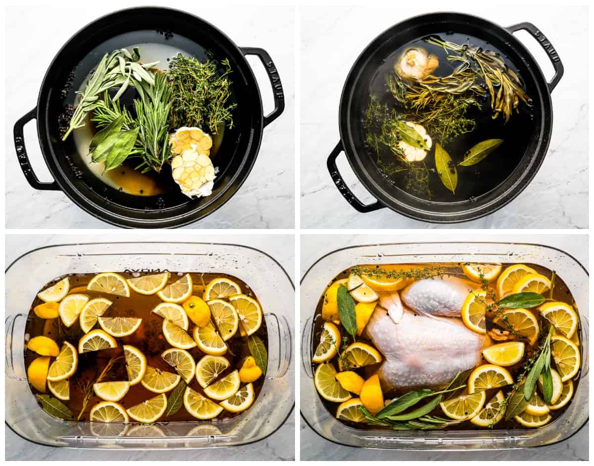 A series of photos showing how to brine a turkey.